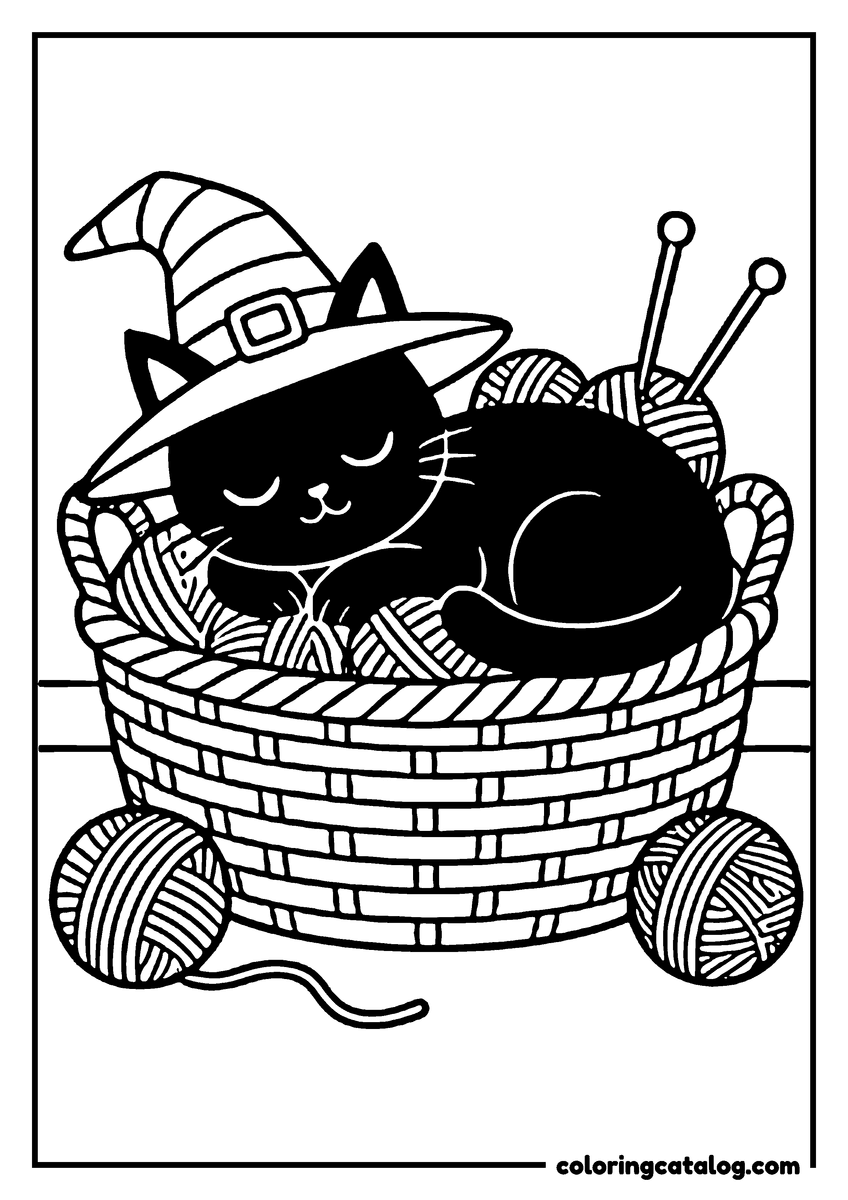 Halloween coloring page of a black cat in a witch hat asleep in a basket of yarn balls and knitting needles