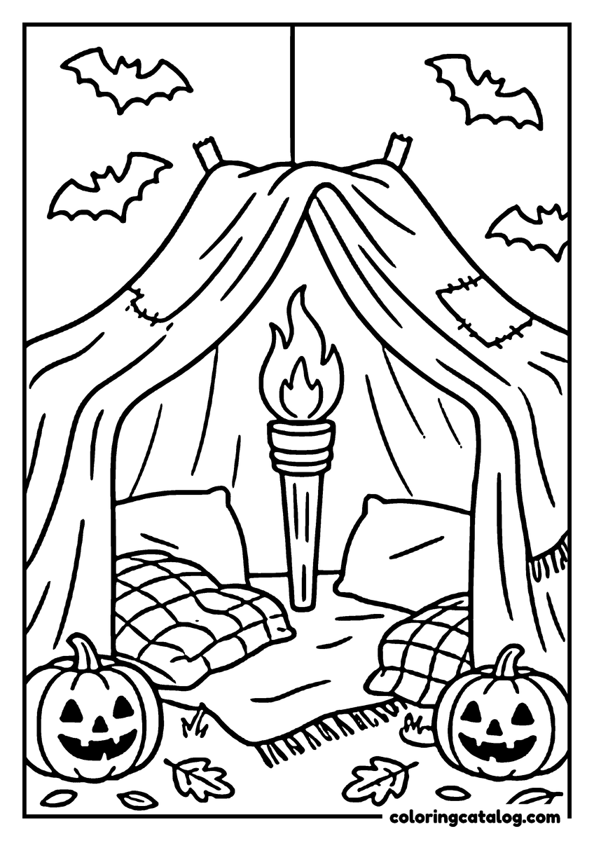 Halloween coloring page of a blanket tent lit by a torch, with jack-o'-lanterns, a quilt and bats flying overhead