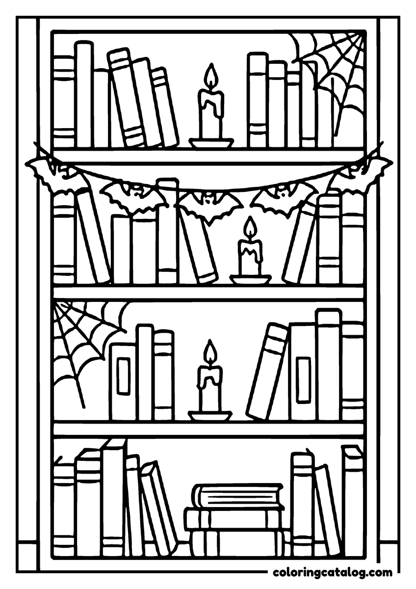 Halloween coloring page of a bookshelf full of books and lit candles, a bat garland and cobwebs across the shelves