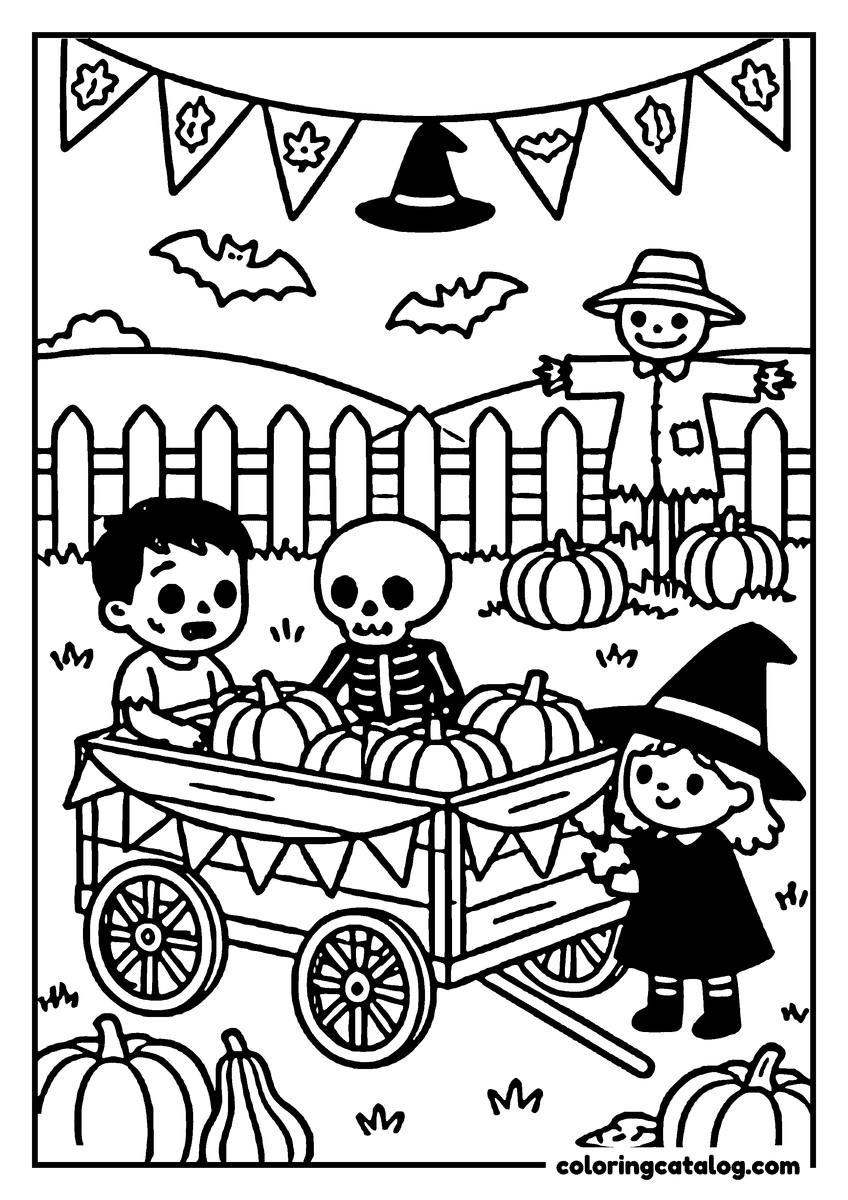 Halloween coloring page of a boy, a skeleton and a little witch with a wagon of pumpkins under bunting, a scarecrow behind the fence