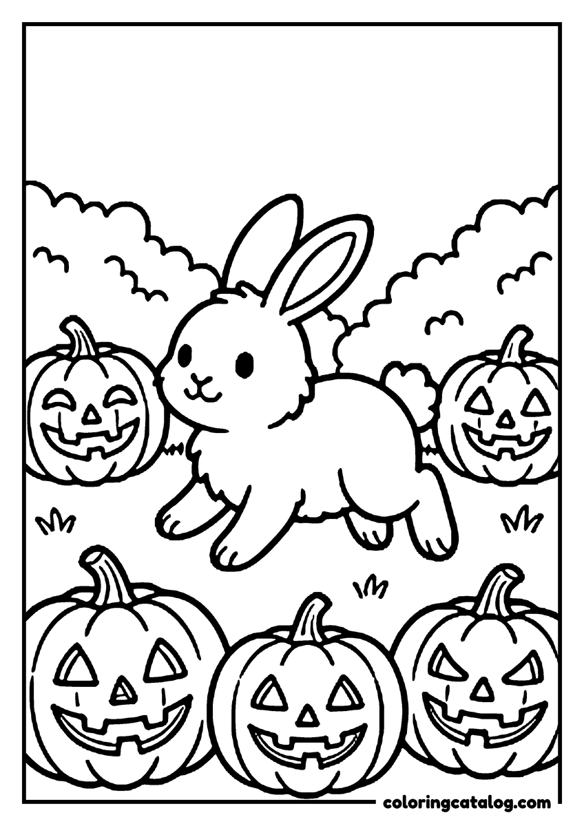 Halloween coloring page of a bunny hopping between rows of smiling jack o'lanterns