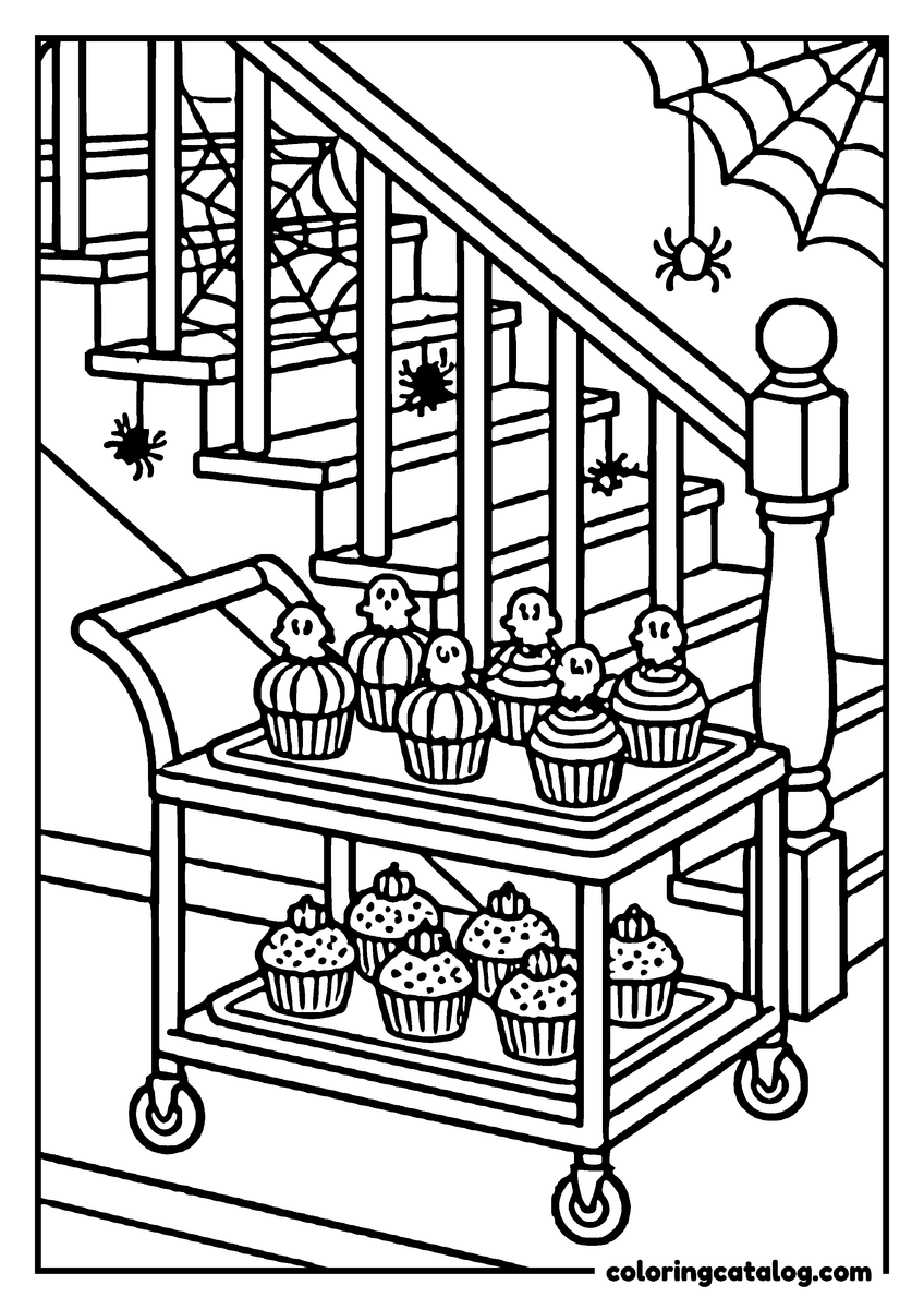 Halloween coloring page of a cart of cupcakes topped with little ghosts at the foot of a staircase hung with cobwebs and spiders