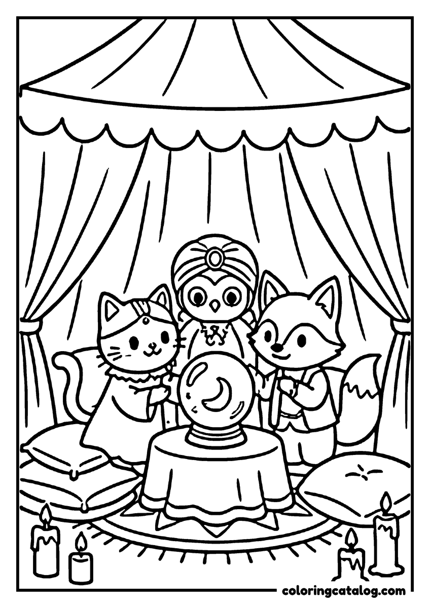 Halloween coloring page of a cat, an owl in a turban and a fox around a crystal ball in a fortune teller's tent with candles