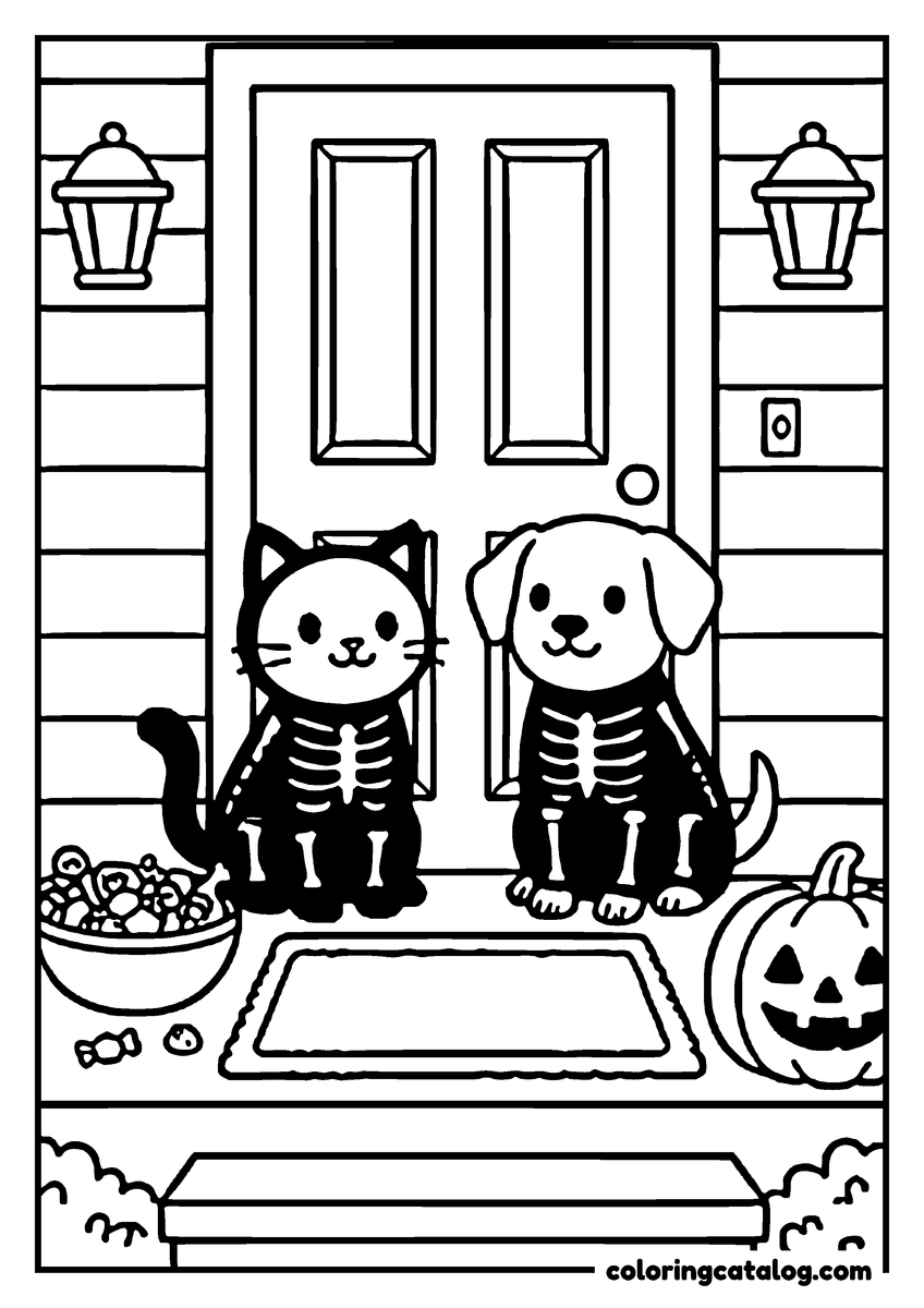 Halloween coloring page of a cat and a dog in skeleton costumes at a front door, a bowl of candy and a jack o'lantern beside them