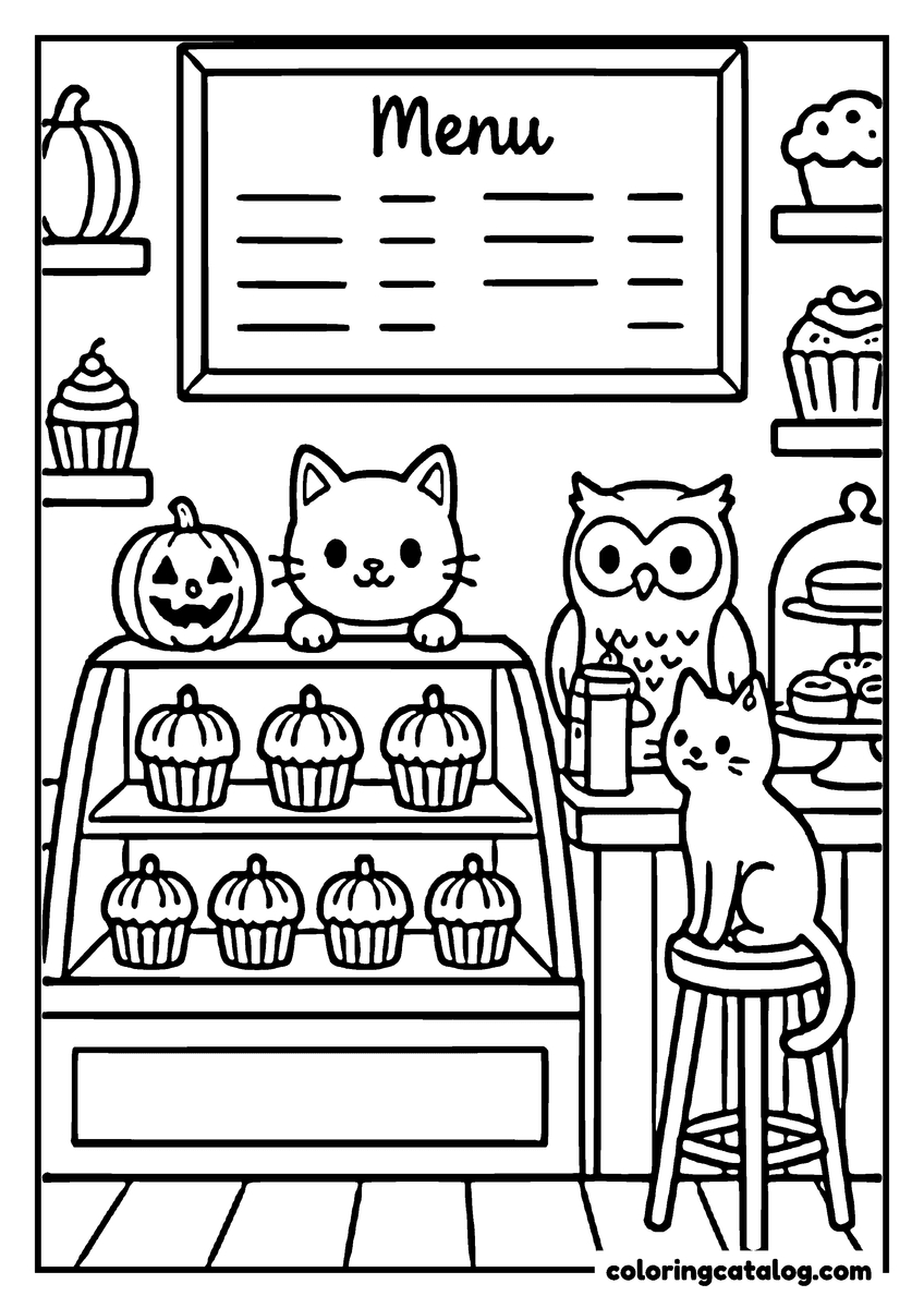 Halloween coloring page of a cat behind a bakery counter of pumpkin cupcakes under a MENU board, an owl and a second cat as customers