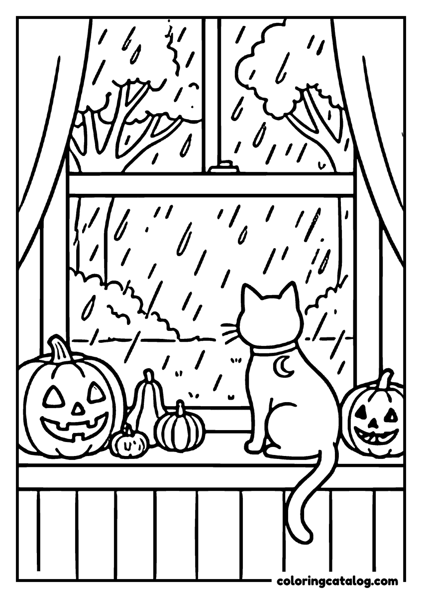Halloween coloring page of a cat on a windowsill watching the rain outside, jack o'lanterns and small pumpkins beside it