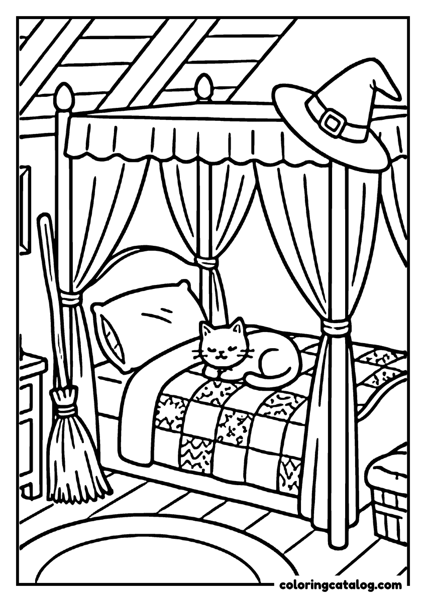 Halloween coloring page of a cat asleep on a canopy bed with a patchwork quilt, a witch hat on the bedpost and a broom nearby