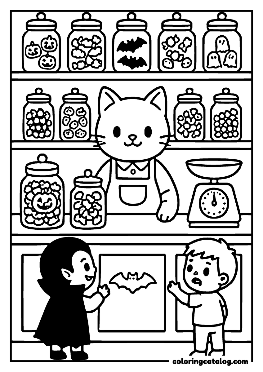 Halloween coloring page of a cat behind the counter of a candy shop full of jars, a little vampire and a boy looking at the treats