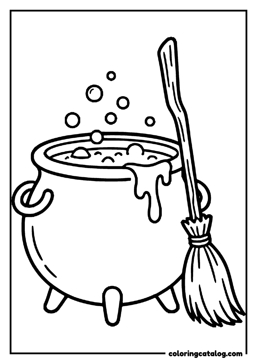 Halloween coloring page of a bubbling cauldron with a witch's broom leaning against it