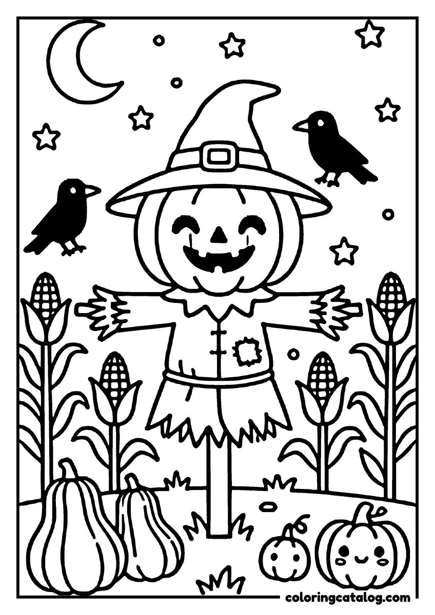 Free Halloween coloring sheet: A cheerful scarecrow stands in a cornfield, surrounded by pumpkins and crows, under a crescent moon and stars