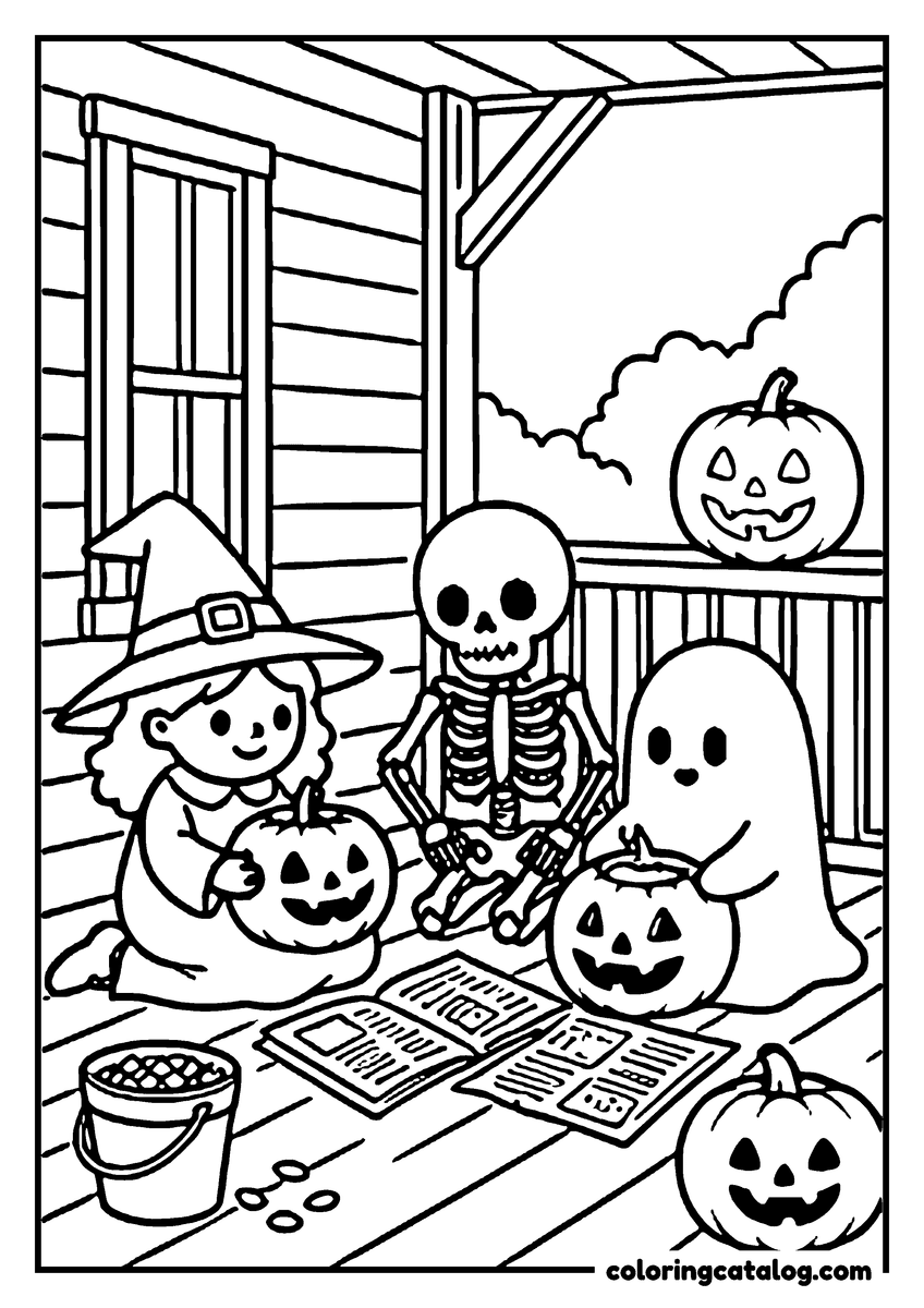 Halloween coloring page of Children in Halloween costumes carving pumpkins on a porch, newspaper spread out and a bucket of seeds beside them