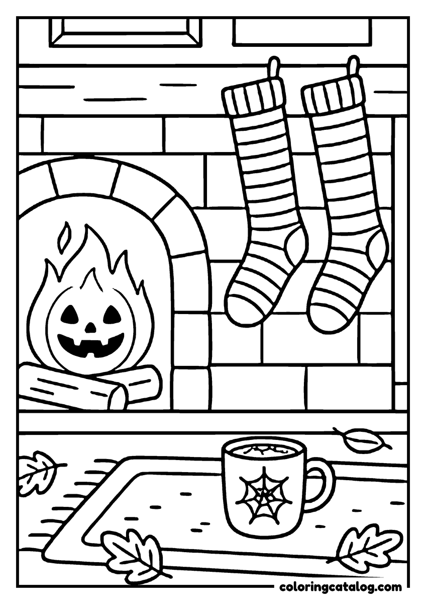 Halloween coloring page of a cozy fireplace with a jack-o'-lantern, stockings hanging, and a mug of hot chocolate