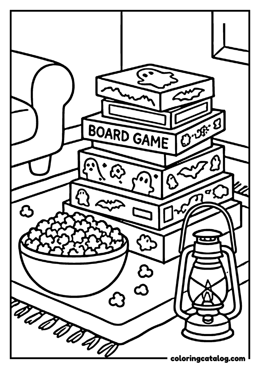 Halloween coloring page of a stack of Halloween board games, one marked "BOARD GAME", a bowl of popcorn and a lantern