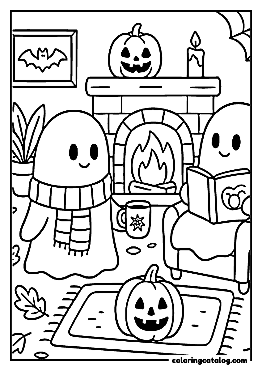 Halloween coloring page of two ghosts by a fireplace, one in a scarf with a mug and one reading a book, a jack o'lantern on the rug