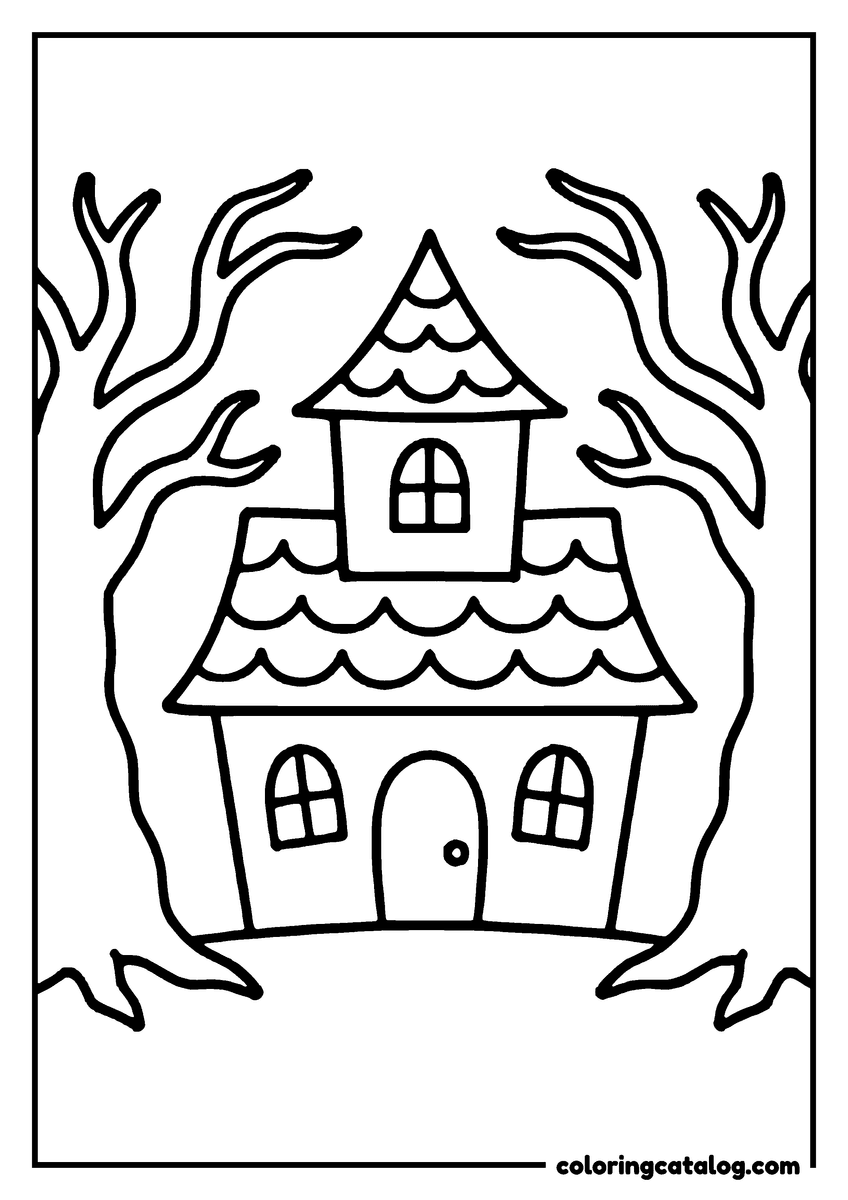 Coloring page: A cozy house with a pointed roof and three arched windows, nestled between bare twisting trees on Halloween night