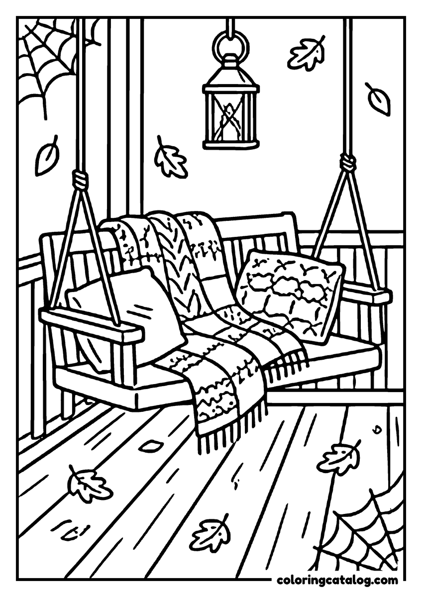 Halloween coloring page of a cozy porch swing covered with a blanket and pillows, surrounded by autumn leaves and a lantern
