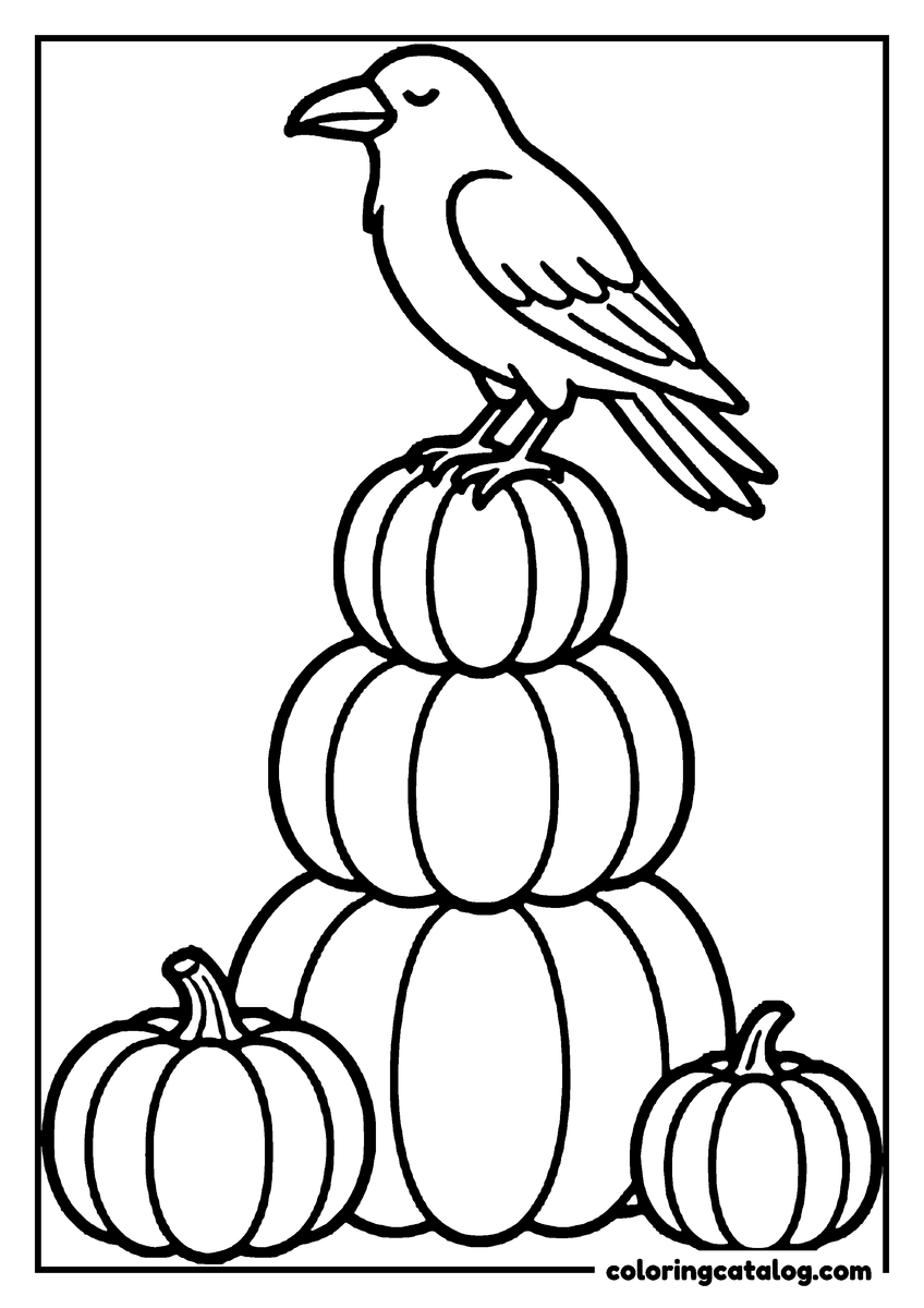 Halloween coloring page of a crow perched on top of a stack of pumpkins