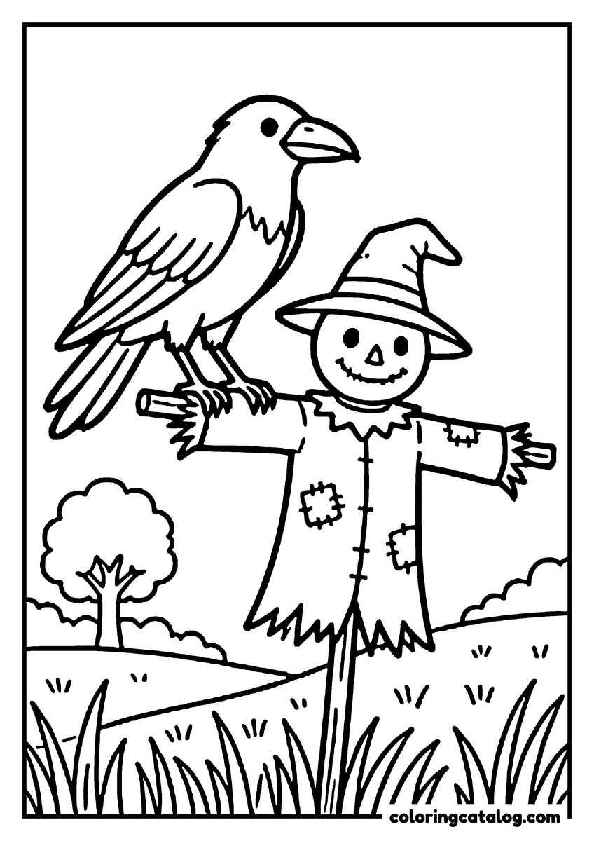 Halloween coloring page of a crow perched on the arm of a smiling scarecrow in a field