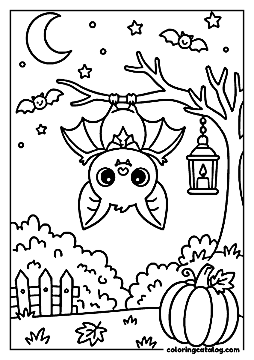 Halloween coloring page: A cute bat is hanging upside down from a tree branch, with a lantern nearby, a moon in the sky, and a pumpkin on the ground