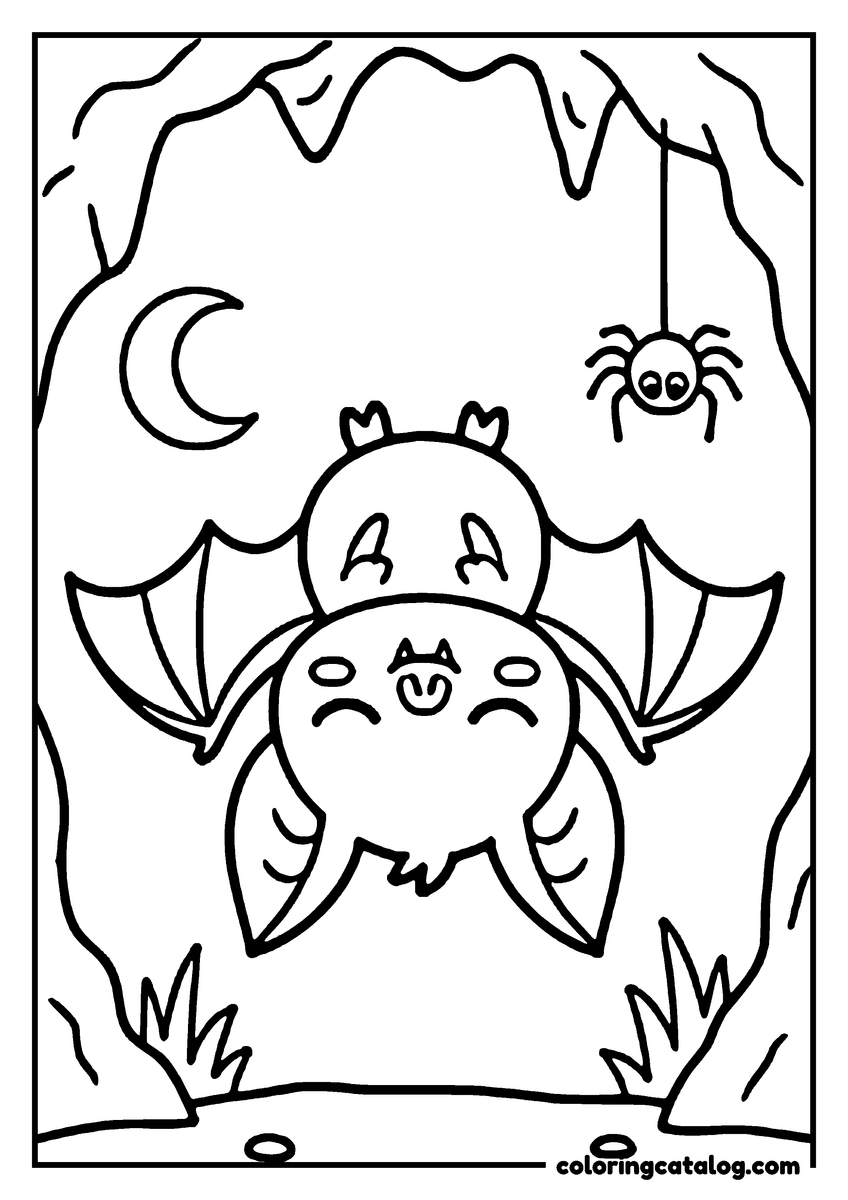 Free Halloween coloring sheet: A cute bat is hanging upside down in a spooky moonlit forest, with a spider nearby