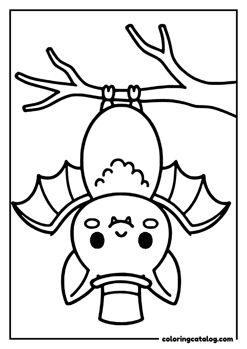 Halloween coloring page: A cute bat with bat wings is hanging upside down from a tree branch