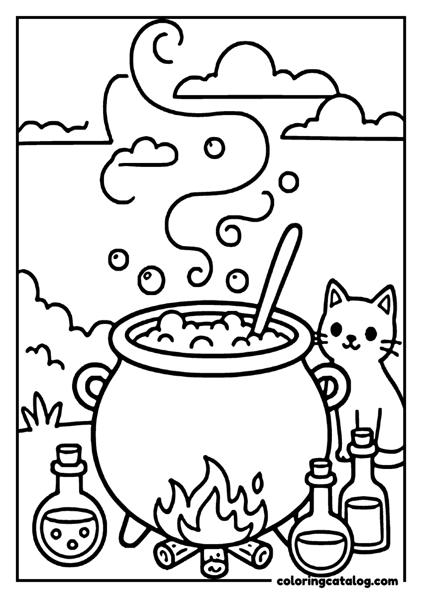 Printable Halloween coloring page: A cute cat is happily stirring a bubbling cauldron over a campfire