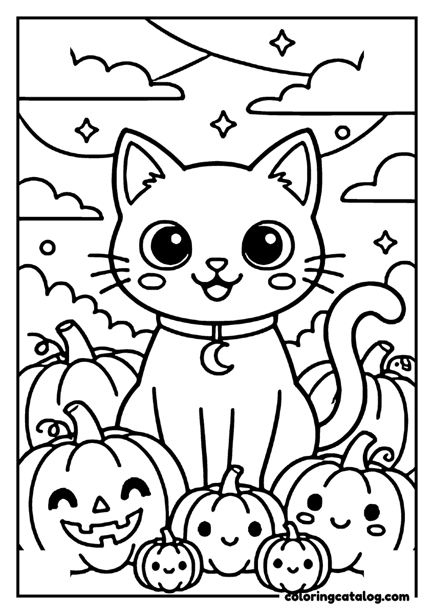 Halloween coloring page: A cute cat sits among pumpkins, smiling, with a starry sky and clouds in the background