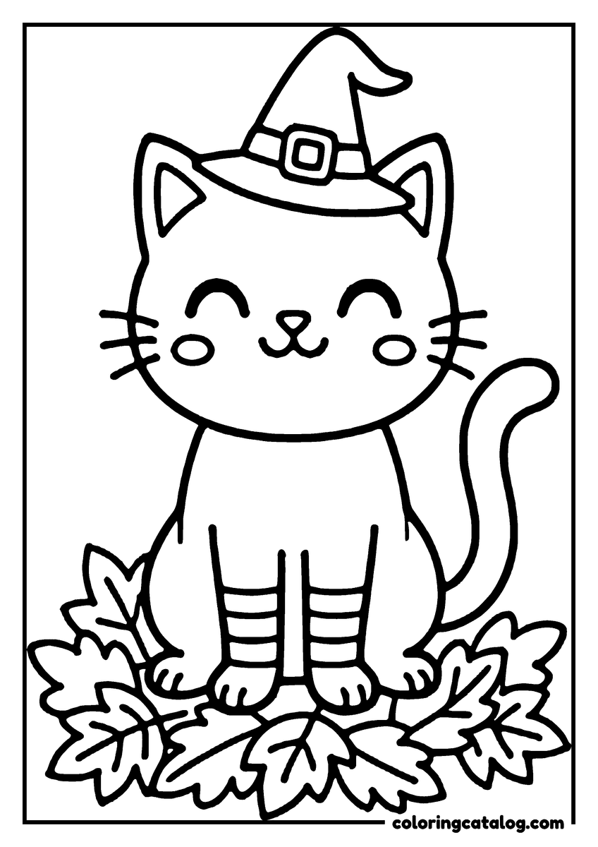 Halloween coloring page: A cute cat wearing a witch hat sits on a leaf, ready to trick-or-treat