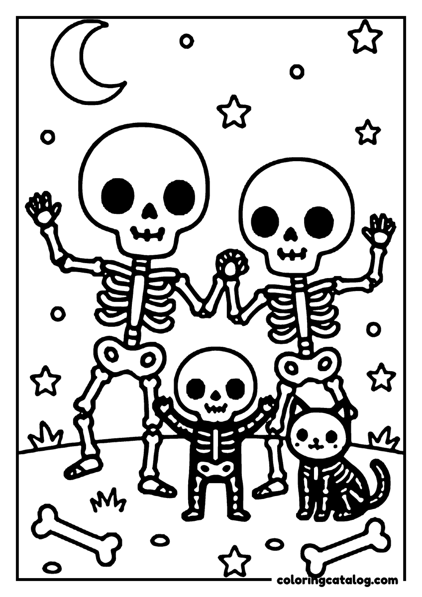 Coloring page: A cute family of skeletons is waving in a Halloween setting with stars, a moon, and bones scattered around