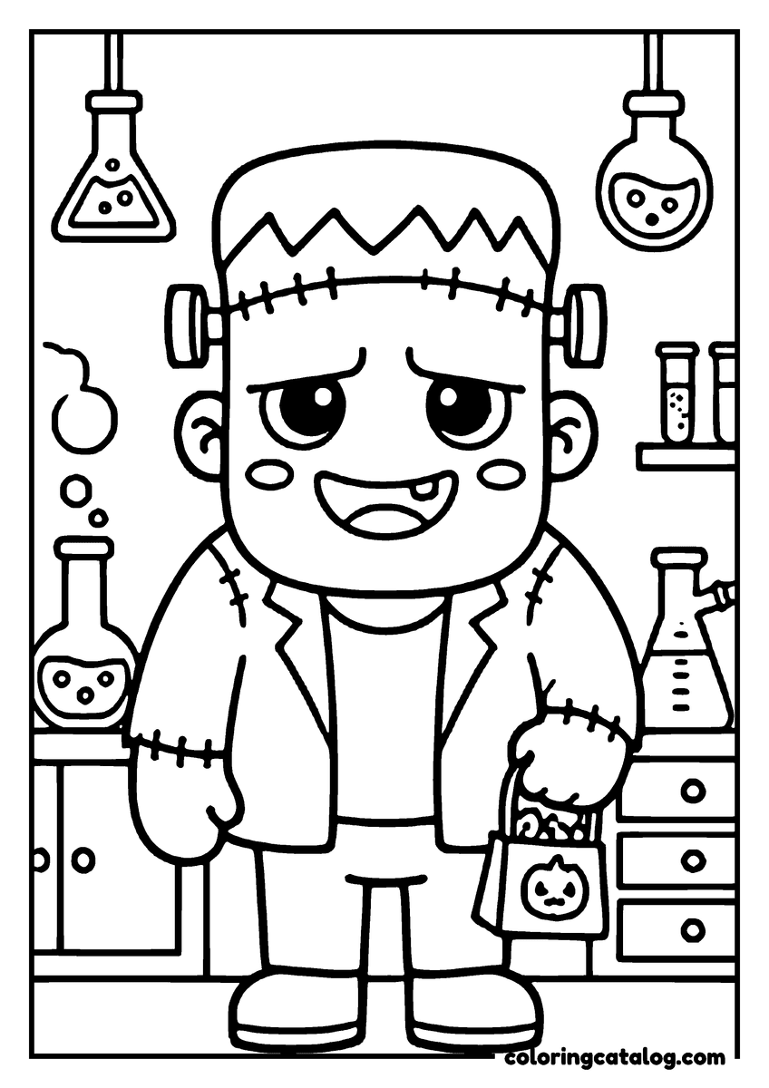 Coloring page: A cute Frankenstein monster is holding a Halloween bag, surrounded by test tubes and lab equipment