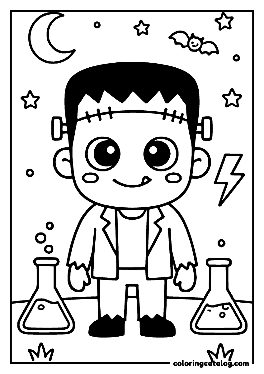 Printable Halloween coloring page: A cute Frankenstein monster stands between two beakers, smiling, with a crescent moon, stars, and a bat in the background