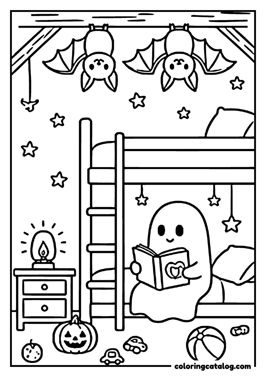 Halloween coloring page of a ghost reading a book in a bunk bed, bats hanging from the ceiling and toys on the floor