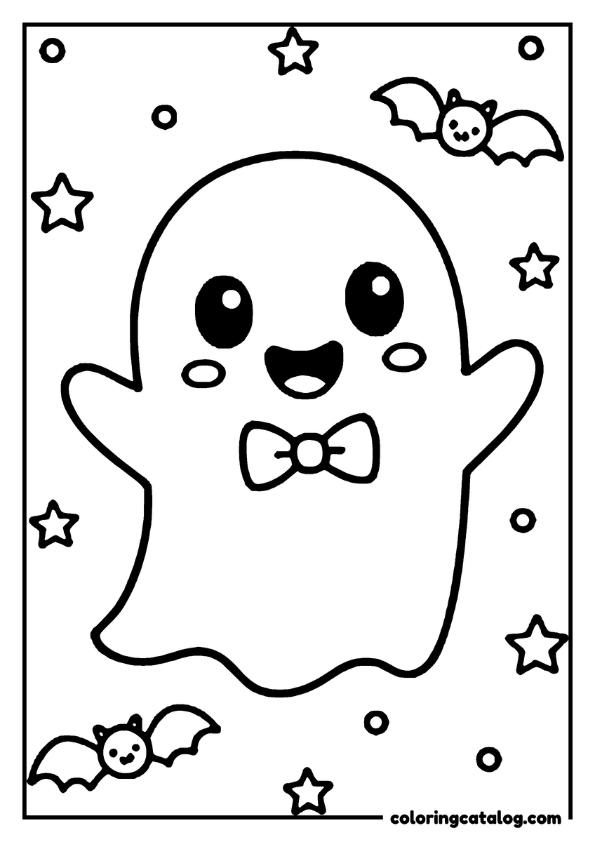 Printable Halloween coloring page: A cute ghost with a bow tie is flying in the night sky, surrounded by stars and bats