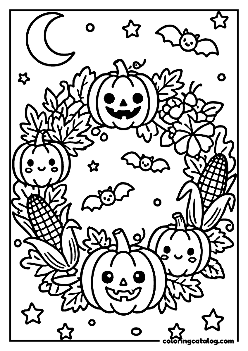 Printable coloring page: Cute Halloween pumpkins, bats and stars in a night sky