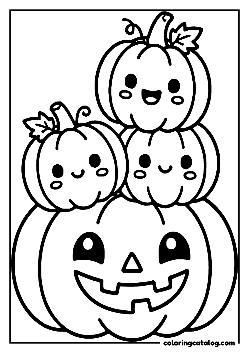 Coloring page: A cute Halloween pumpkin family is smiling and posing together