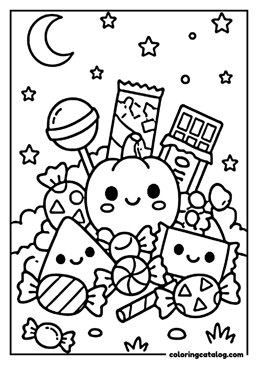Free printable coloring sheet: A cute, kawaii-style Halloween candy scene with a pumpkin, lollipop, and other sweets under a moon and stars