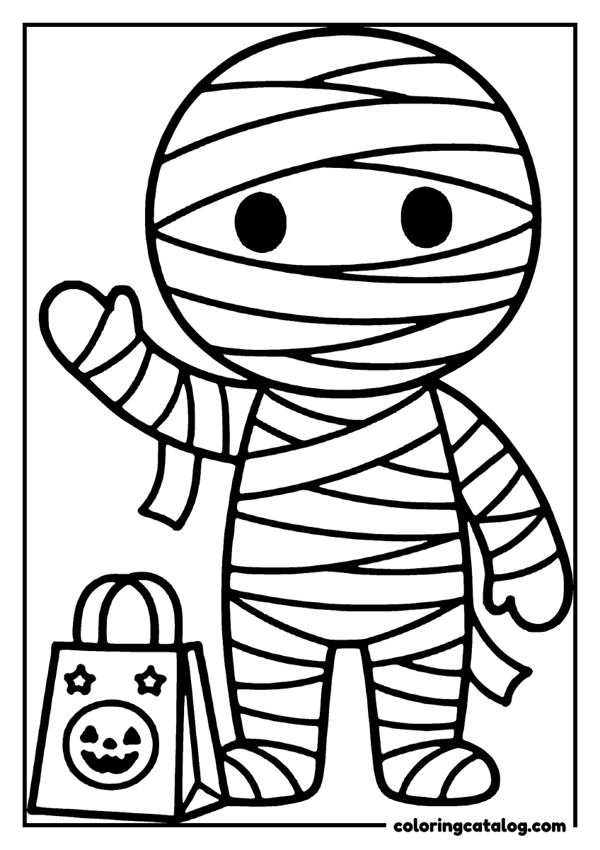 Free printable coloring sheet: A cute mummy character is waving and holding a Halloween bag, ready for trick-or-treating