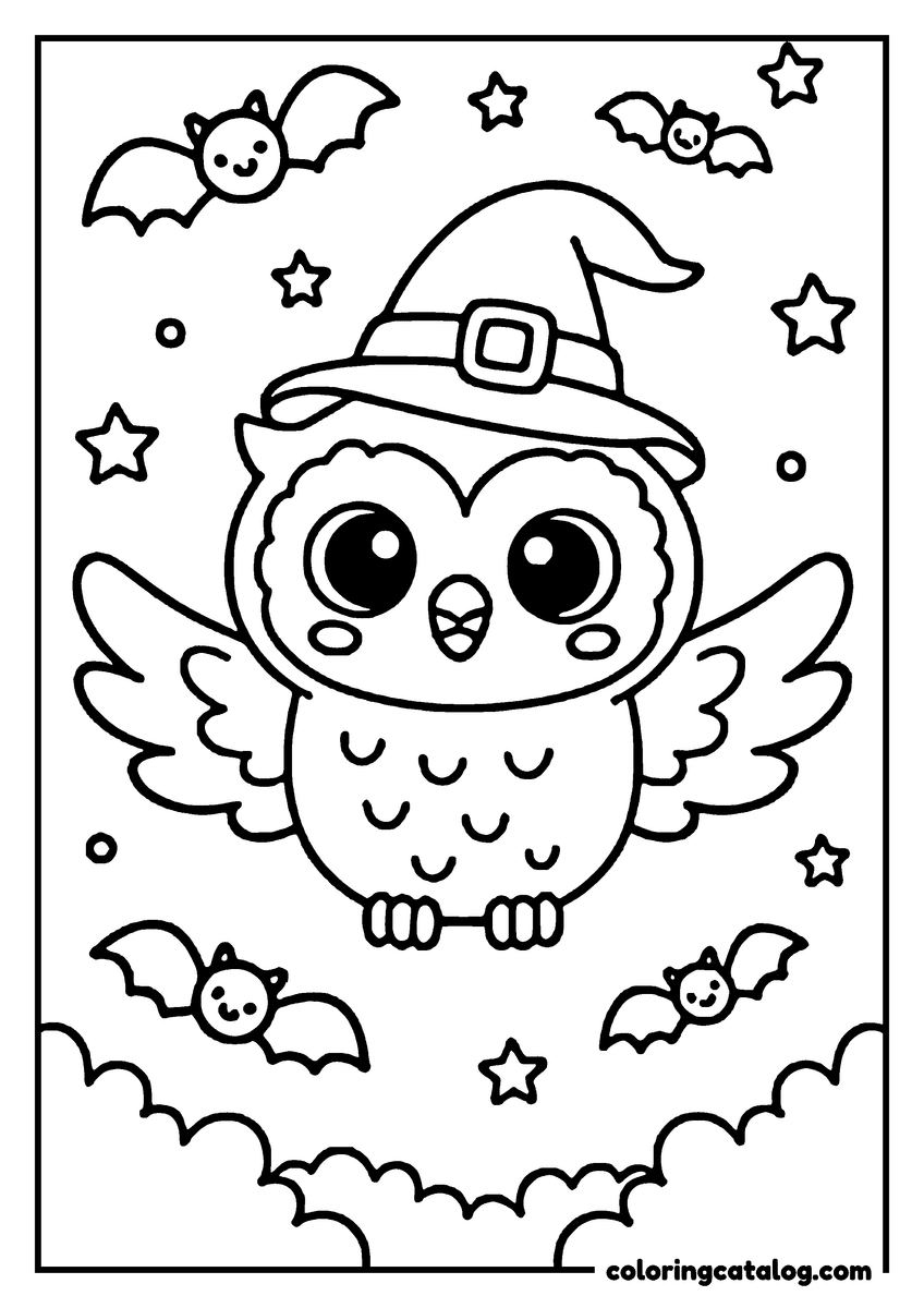Halloween coloring page: A cute owl wearing a witch hat is flying among bats and stars in the night sky