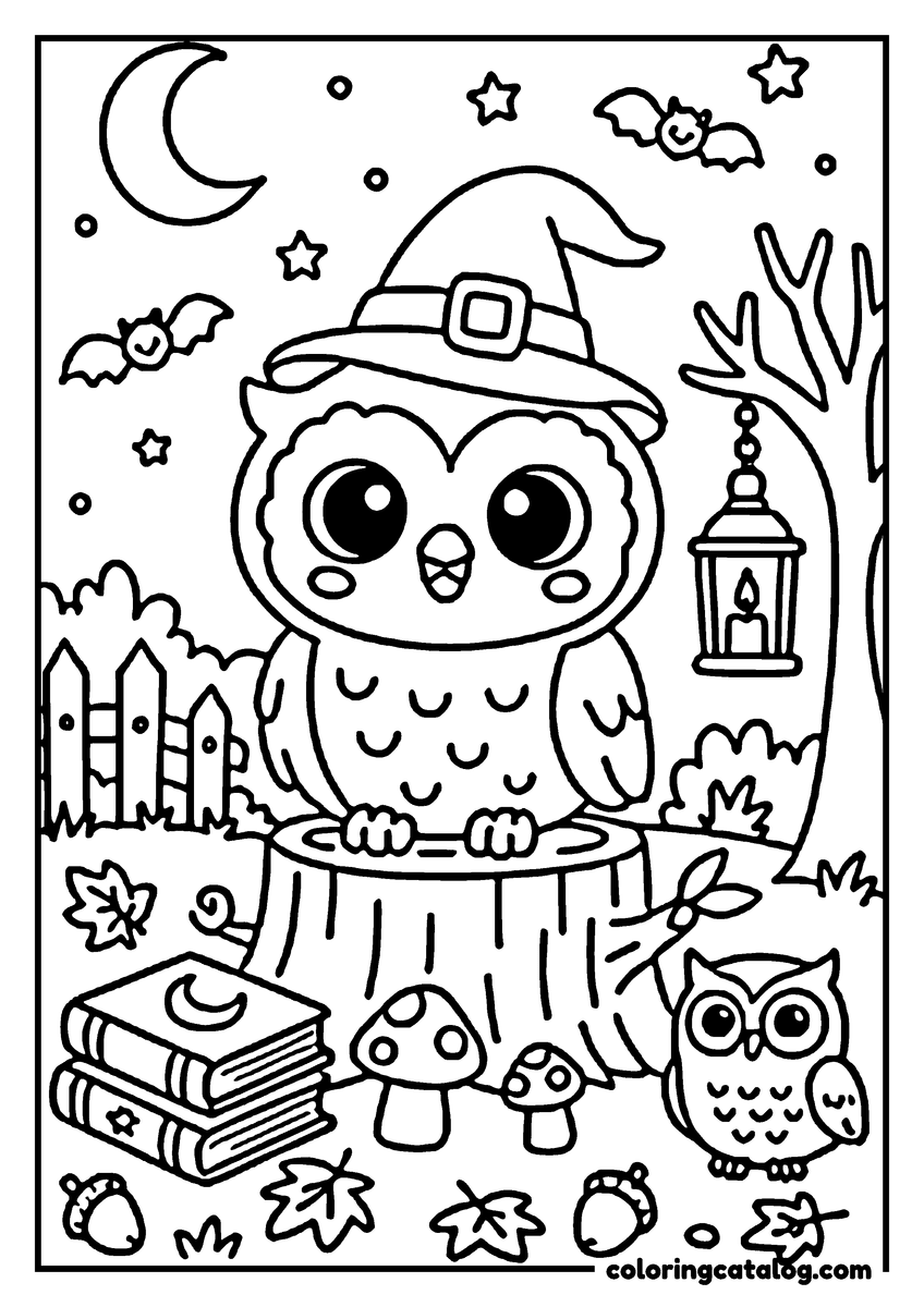 Halloween coloring page: A cute owl wearing a witch's hat sits on a tree stump, surrounded by bats, a lantern, books, and autumn leaves