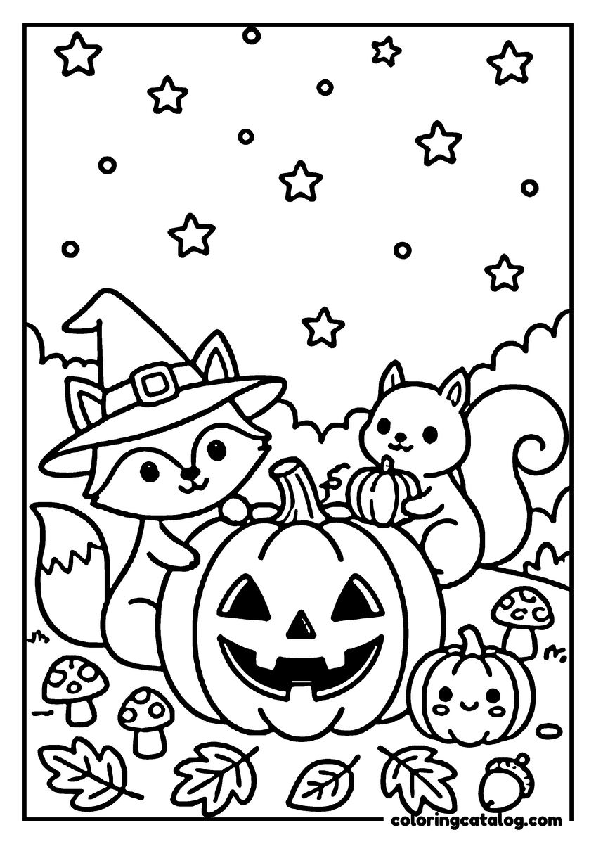 Halloween coloring page: A cute raccoon wearing a witch hat is sitting next to a carved pumpkin, surrounded by stars, leaves, and mushrooms
