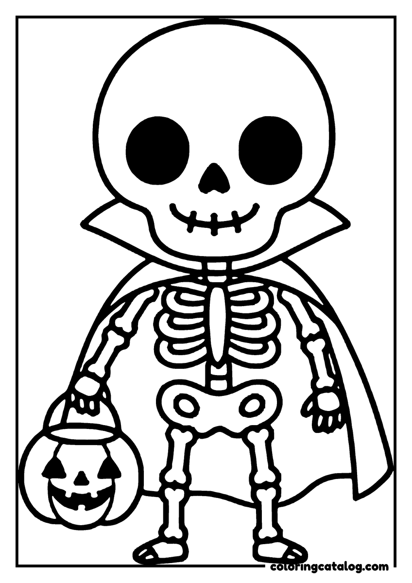 Free printable coloring sheet: A cute skeleton in a cape holds a Halloween pumpkin, ready for trick-or-treating