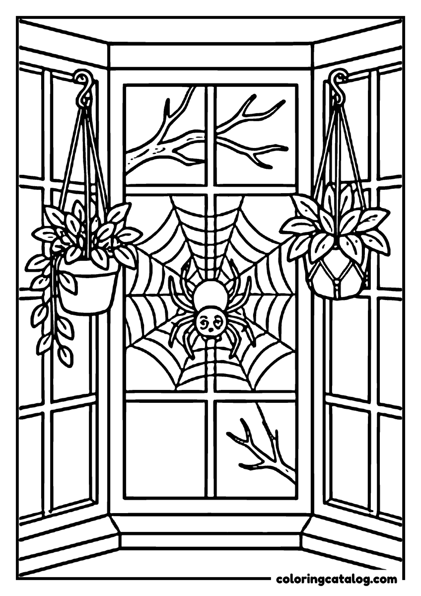 Halloween coloring page of a smiling spider in a web across a bay window, hanging plants on each side and bare branches outside