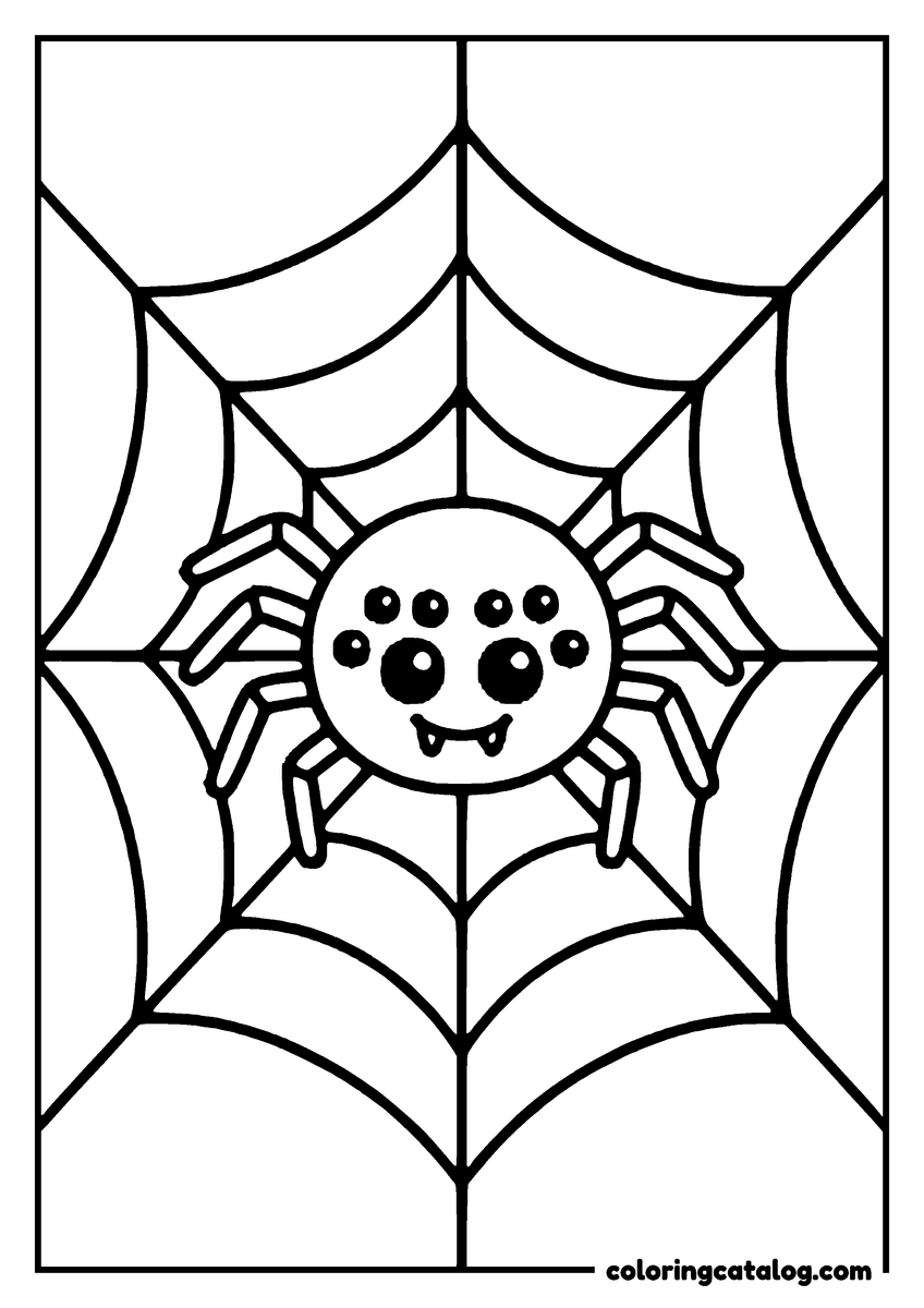 Free printable coloring sheet: A cute spider sits in its web, smiling with big eyes and fangs, on a Halloween-themed background