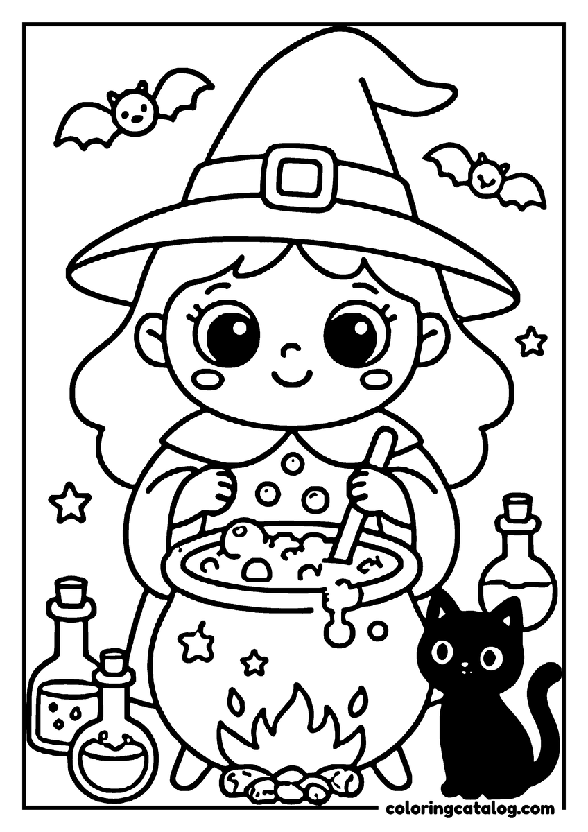 Printable Halloween coloring page: A cute witch is stirring a potion in a cauldron, surrounded by bats, a black cat, and magic bottles