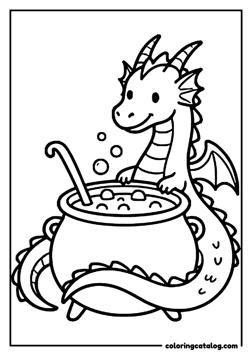 Halloween coloring page of a little dragon stirring a bubbling cauldron