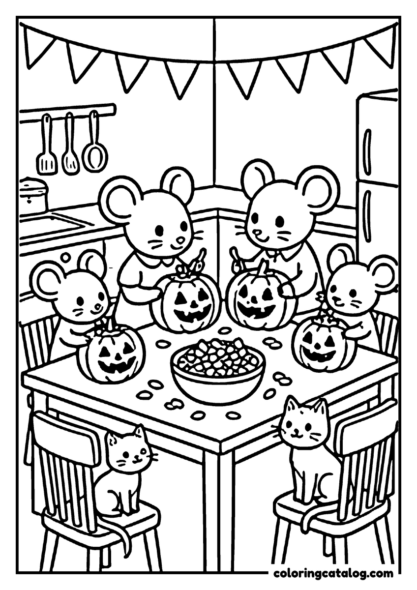 Halloween coloring page of a family of mice carving pumpkins in a cozy kitchen with festive decorations