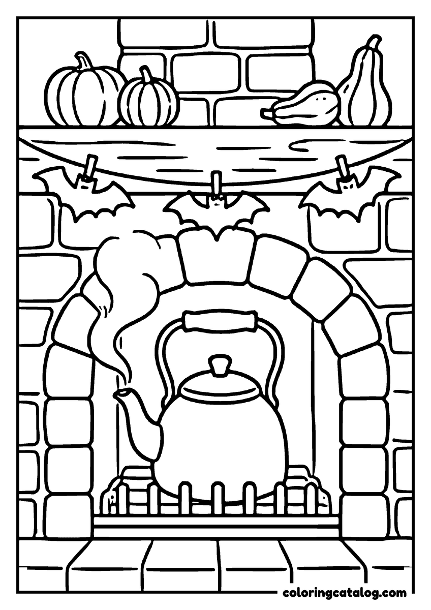 Halloween coloring page of a fireplace with a kettle, bats, and pumpkins on the mantel