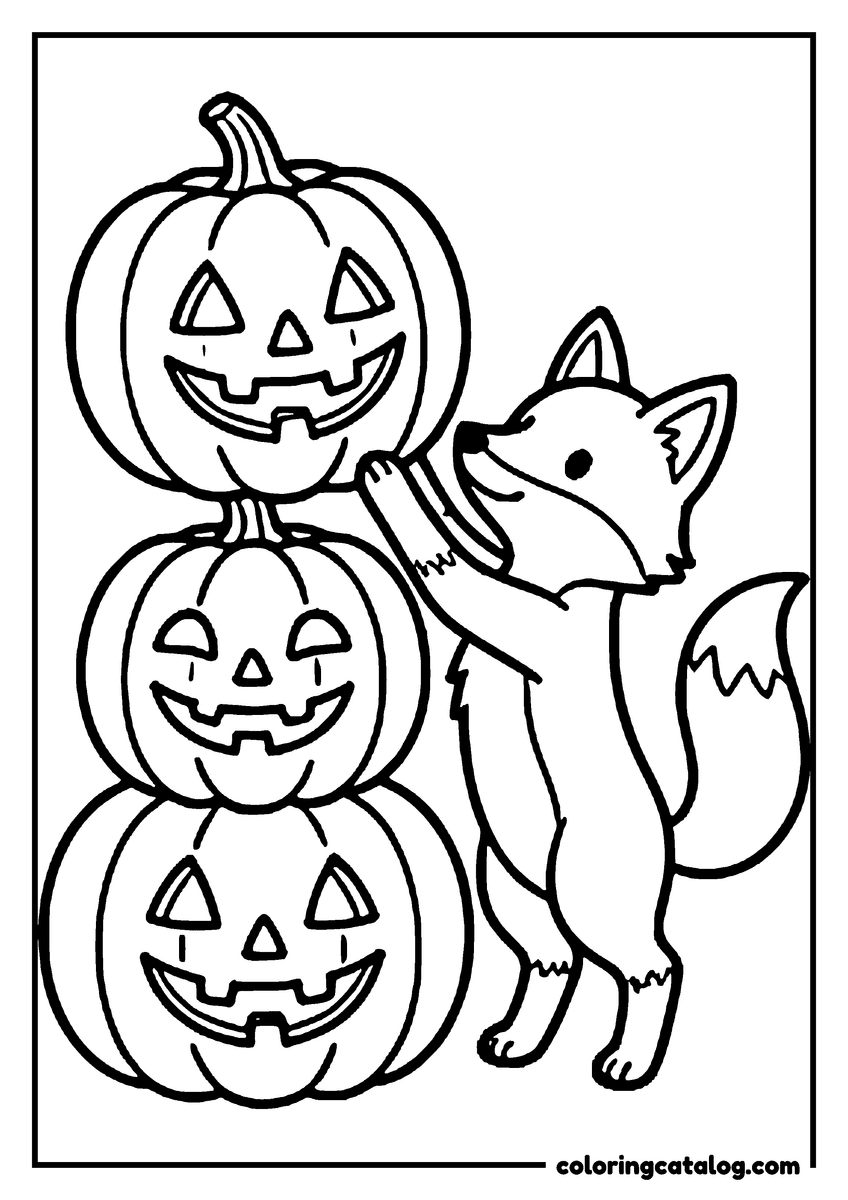 Halloween coloring page of a fox stacking three jack o'lanterns into a tower