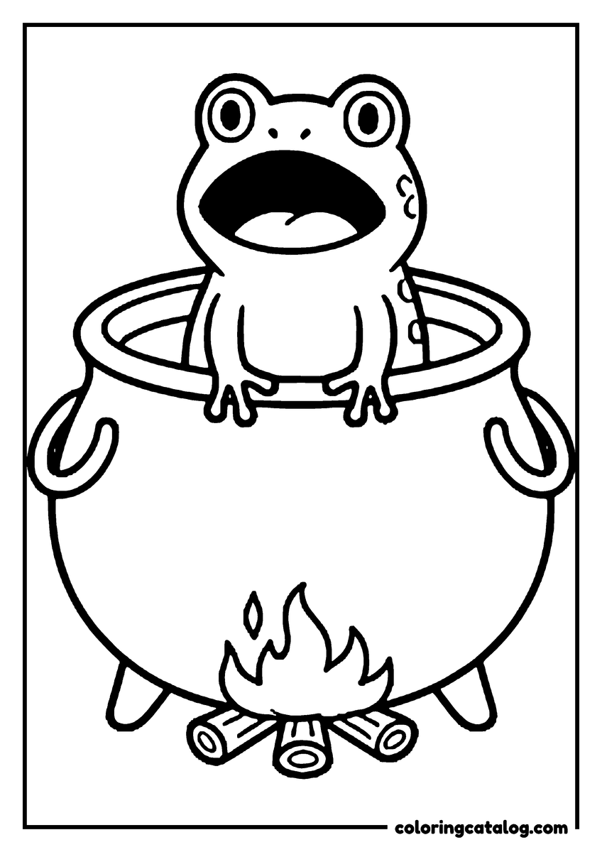 Halloween coloring page of a frog sitting in a cauldron over a small fire