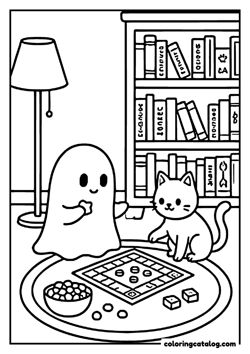 Halloween coloring page of a ghost and a cat playing a board game on a round rug, a bookshelf and lamp behind them